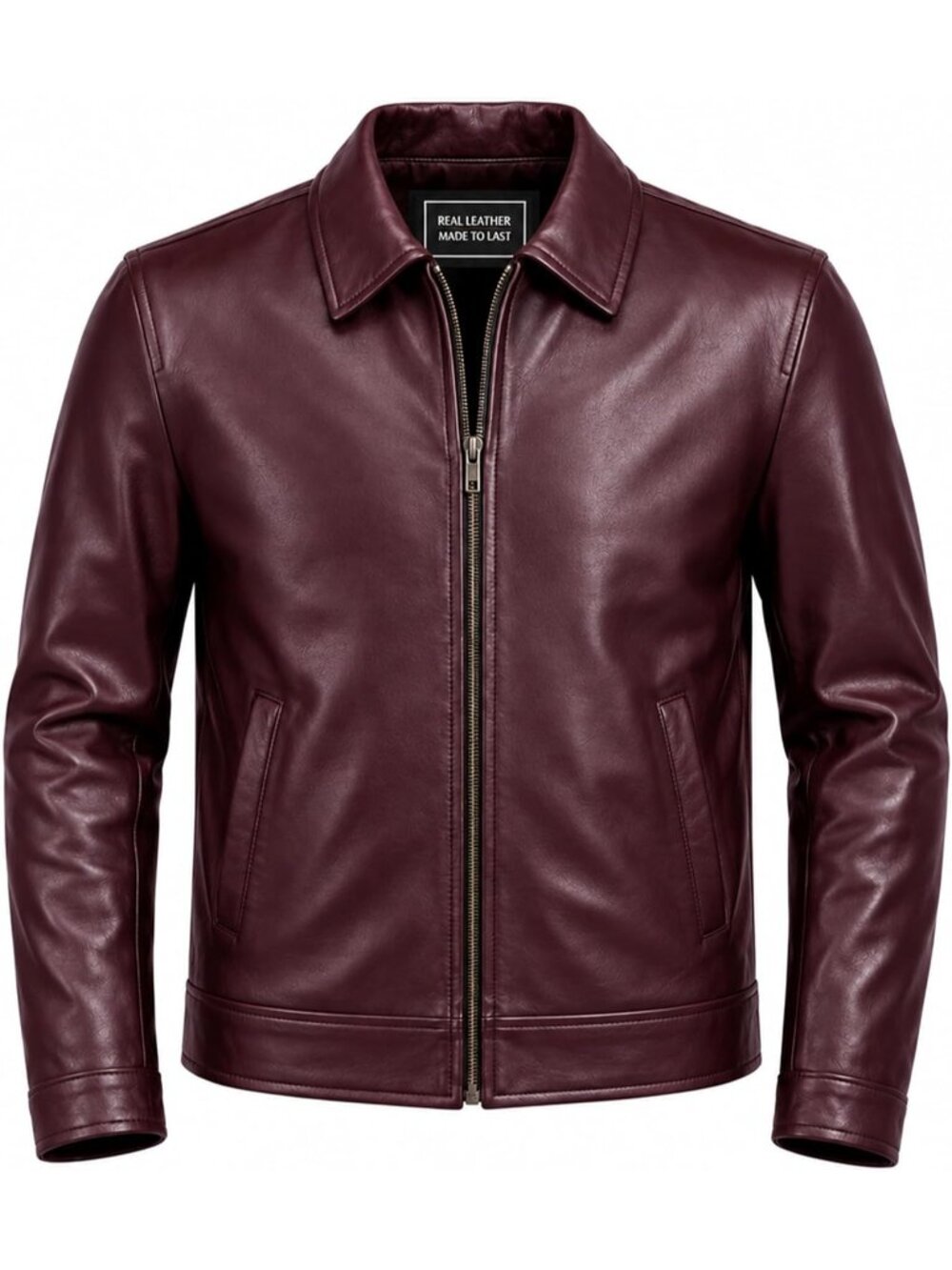 Men's Red Leather Polo Collar Zipper Open Bottom Side Pockets Quilted Jacket